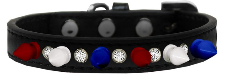 Crystal with Red, White and Blue Spikes Dog Collar Black Size 16